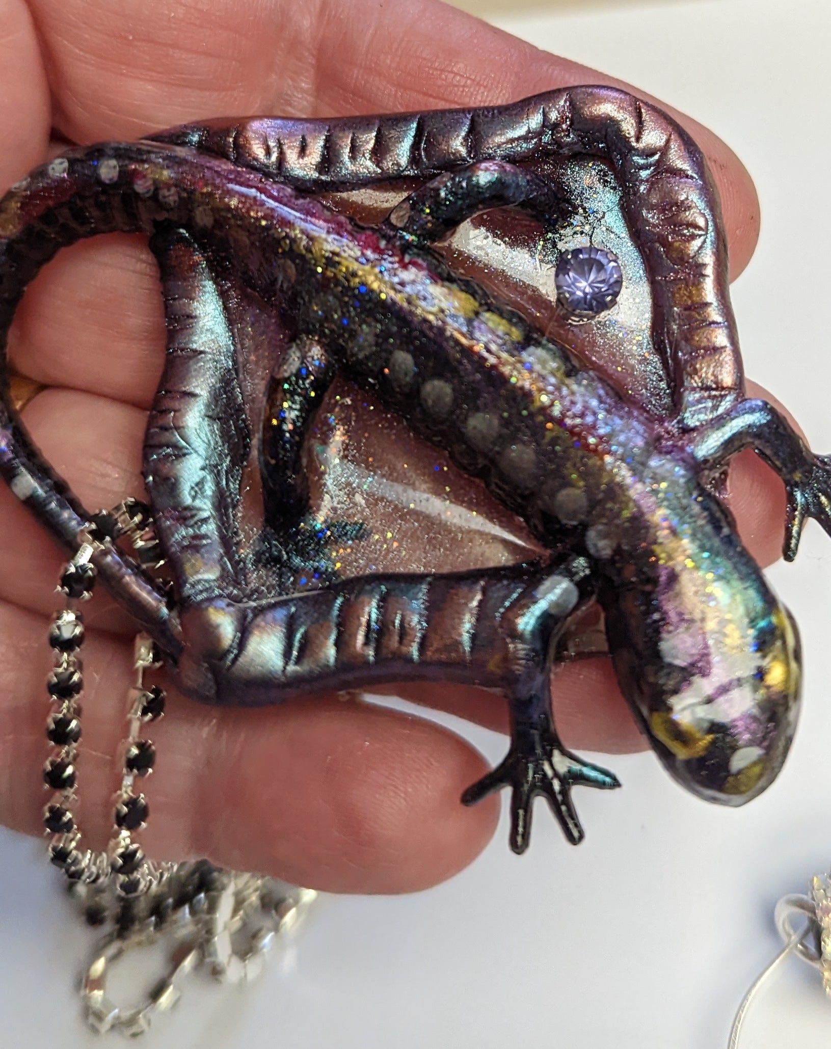 Gecko Salamander Halloween Art Necklace Cupchain Silver Black Crystals Gay Isber one of a kind USA Made 1 of 1 unisex-Gay Isber Designs