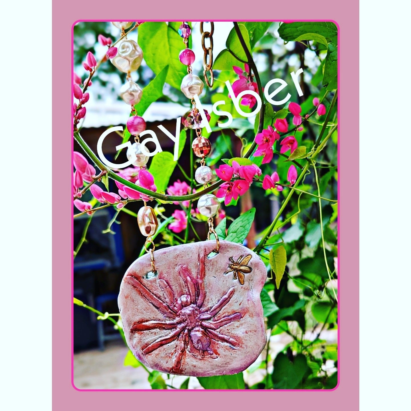 Pink Pearl Orb WeaverSpider Bug One of a Kind Art Necklace Gay Isber Adjustable Be noticed!-Gay Isber Designs