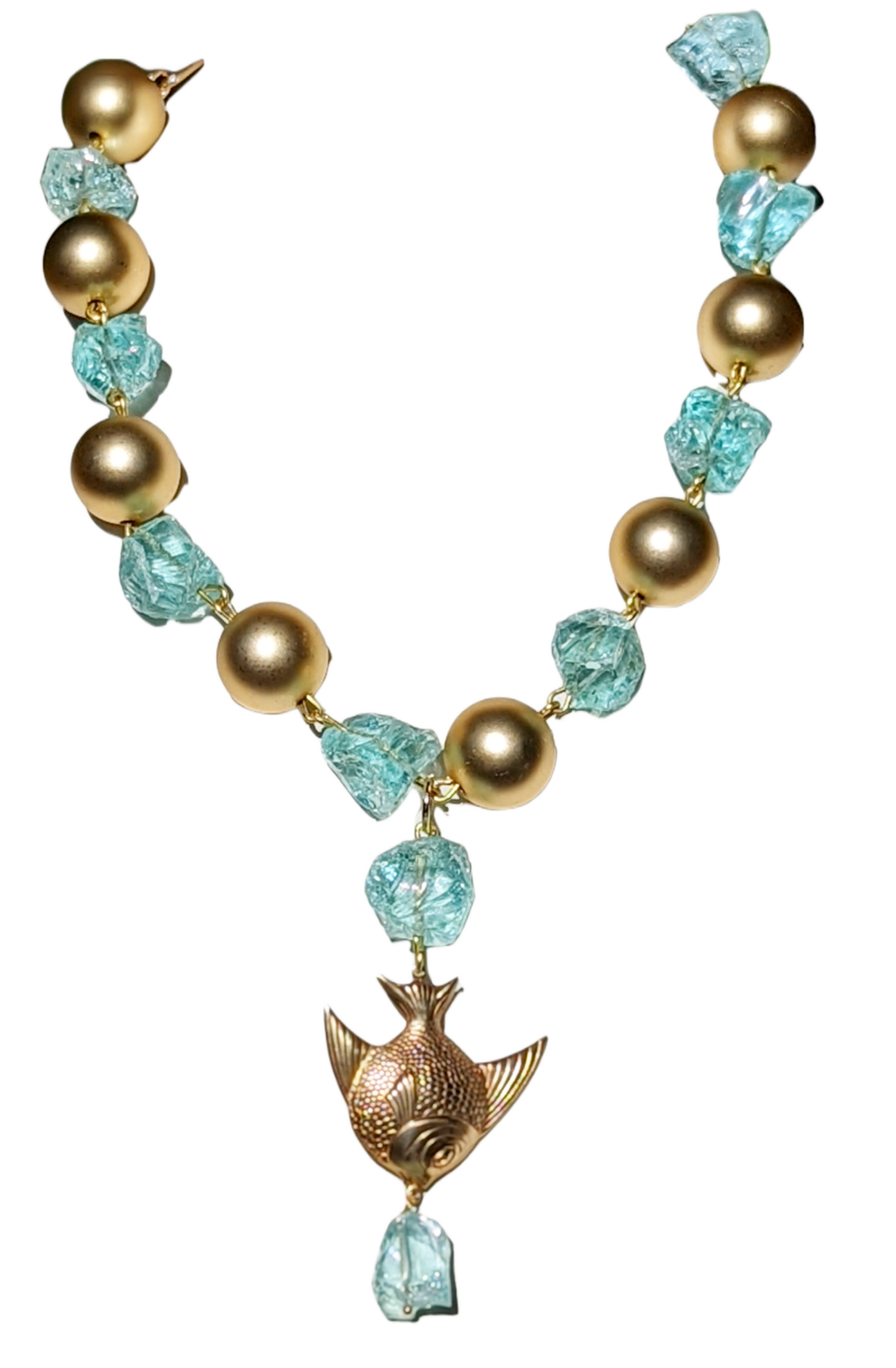 Aqua + Matte Gold Ball Brass AngelFish Beach Necklace Gay Isber-Gay Isber Designs