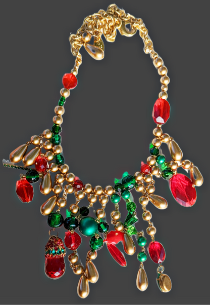 Red Green Holiday Vintage Gold Pearls + Swarovski Sparkle WOW Art Necklace Gay Isber USA 1 of 1-Gay Isber Designs