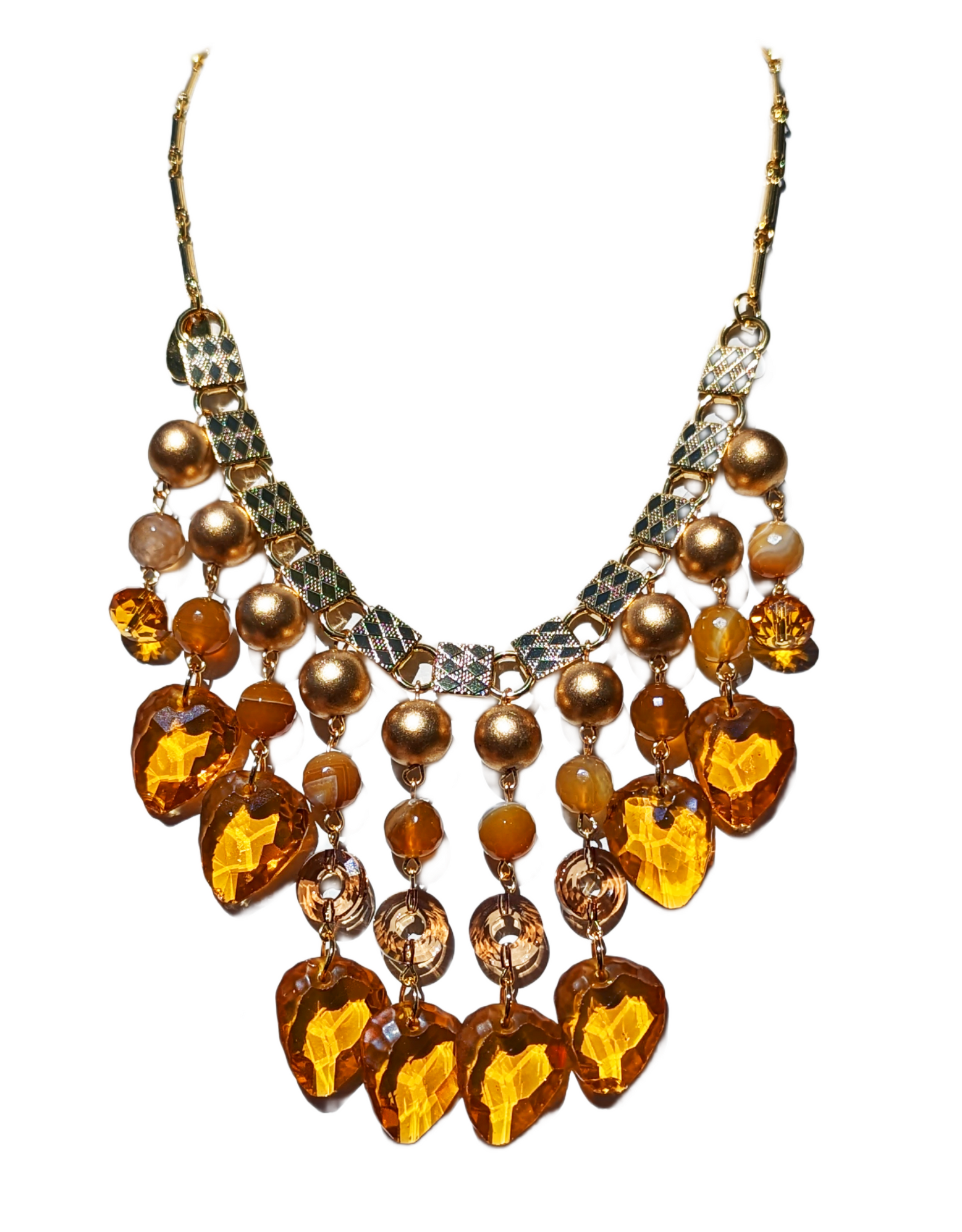 Swarovskis Crystals Faceted Agates in fall colors Burnt Orange Vintage Hand Linked Gold Plated Necklace Gay Isber one of a kind USA Made 1 of 1 unisex-Gay Isber Designs