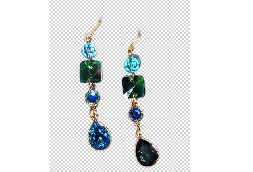 Swarovski Earrings Sparkle in multi colors Emerald, Light Turquoise, Fern Green, Capri Blue + Gold plated settings Gay Isber one of one-Gay Isber Designs