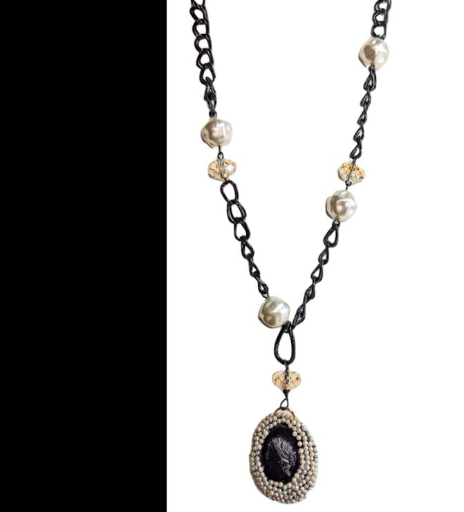 Black Gold Pearl Swarovski and Vintage Cameo Long Statement Necklace Gay Isber Sister Collection-Gay Isber Designs