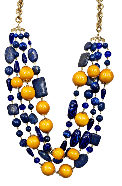 Navy Blue + Mustard Cotton Pearls 4 Strands Hand Linked Necklace Gay Isber one of a kind USA Made 1 of 1 unisex-Gay Isber Designs