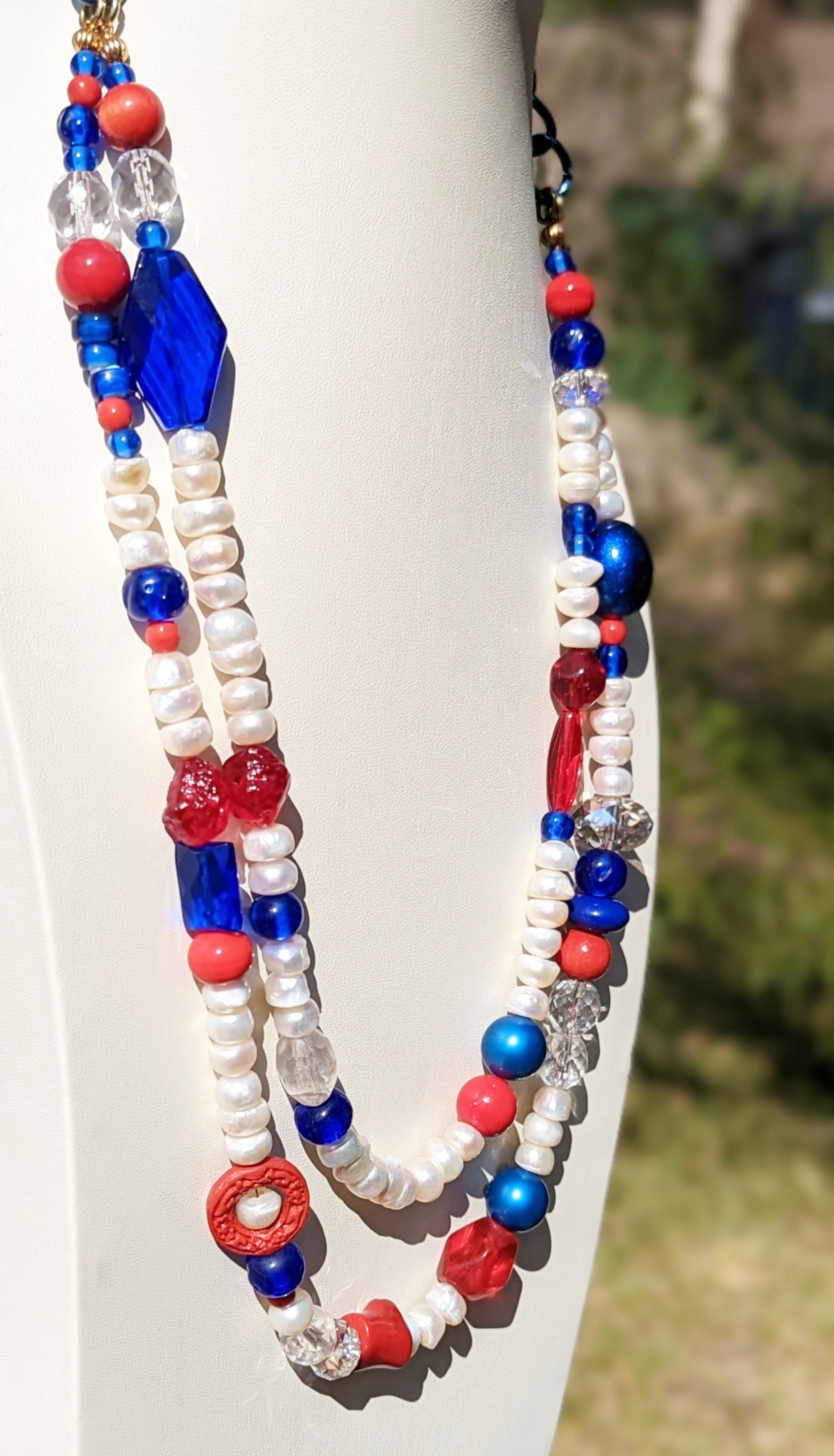 Election Collection Pearls 2 strands Red White Blue Statement Necklace 24 inches Gay Isber-Gay Isber Designs