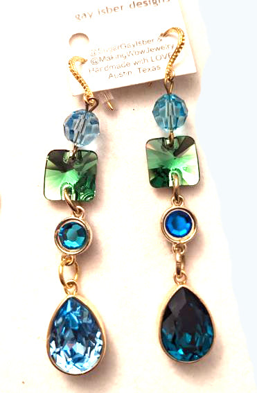 Swarovski Earrings Sparkle in multi colors Emerald, Light Turquoise, Fern Green, Capri Blue + Gold plated settings Gay Isber one of one-Gay Isber Designs