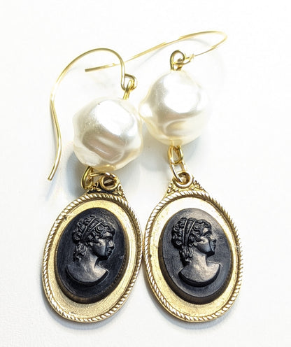 Black Gold Pearl Vintage Cameo Necklace with Free Matching EARRING Gay Isber Sister Collection-Gay Isber Designs