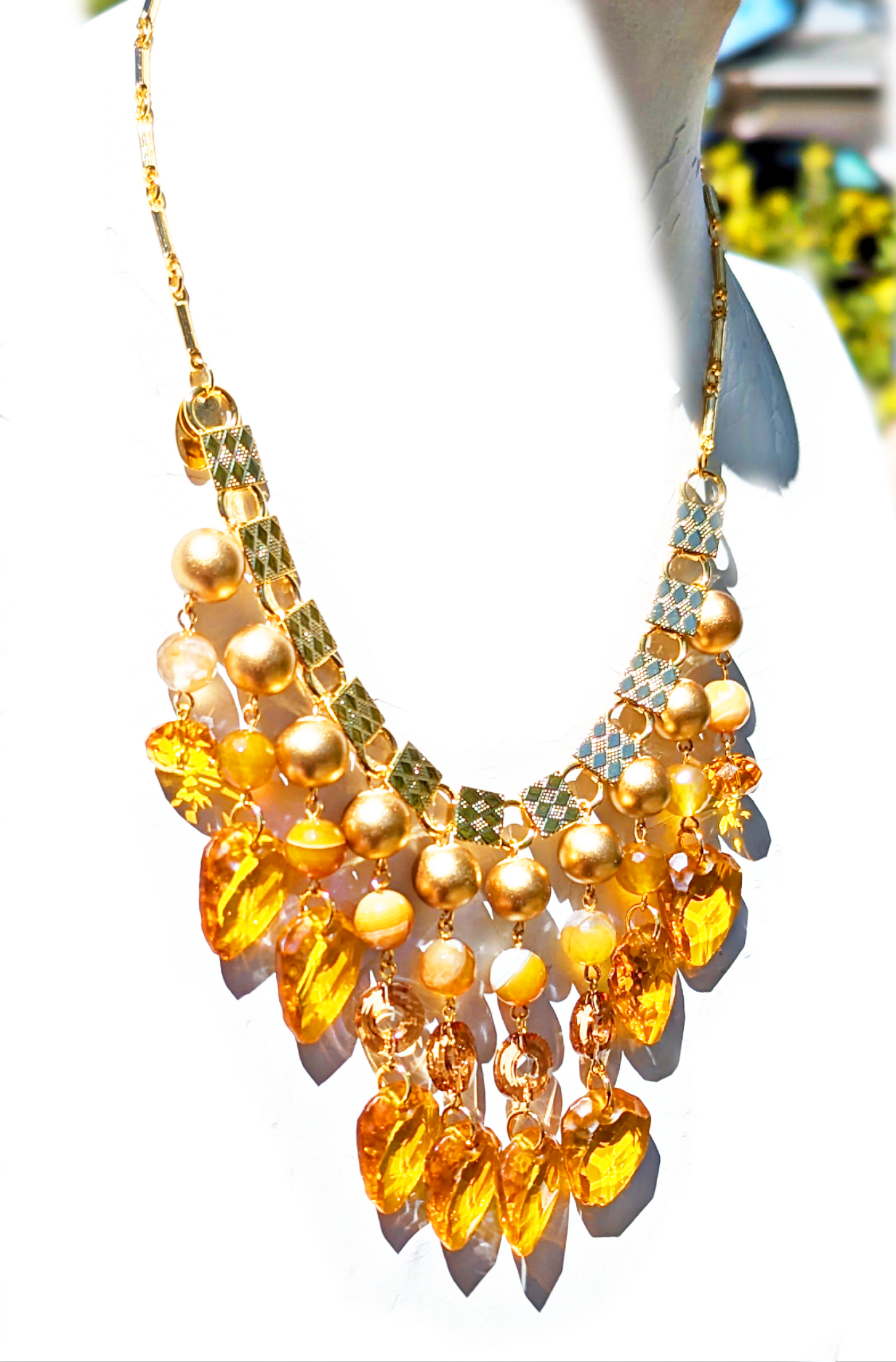 Swarovskis Crystals Faceted Agates in fall colors Burnt Orange Vintage Hand Linked Gold Plated Necklace Gay Isber one of a kind USA Made 1 of 1 unisex-Gay Isber Designs