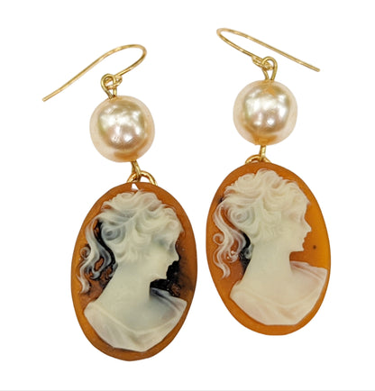 Blue or Brown Cameo Earrings Vintage Pearl Gay Isber gift bag new old stock-Gay Isber Designs