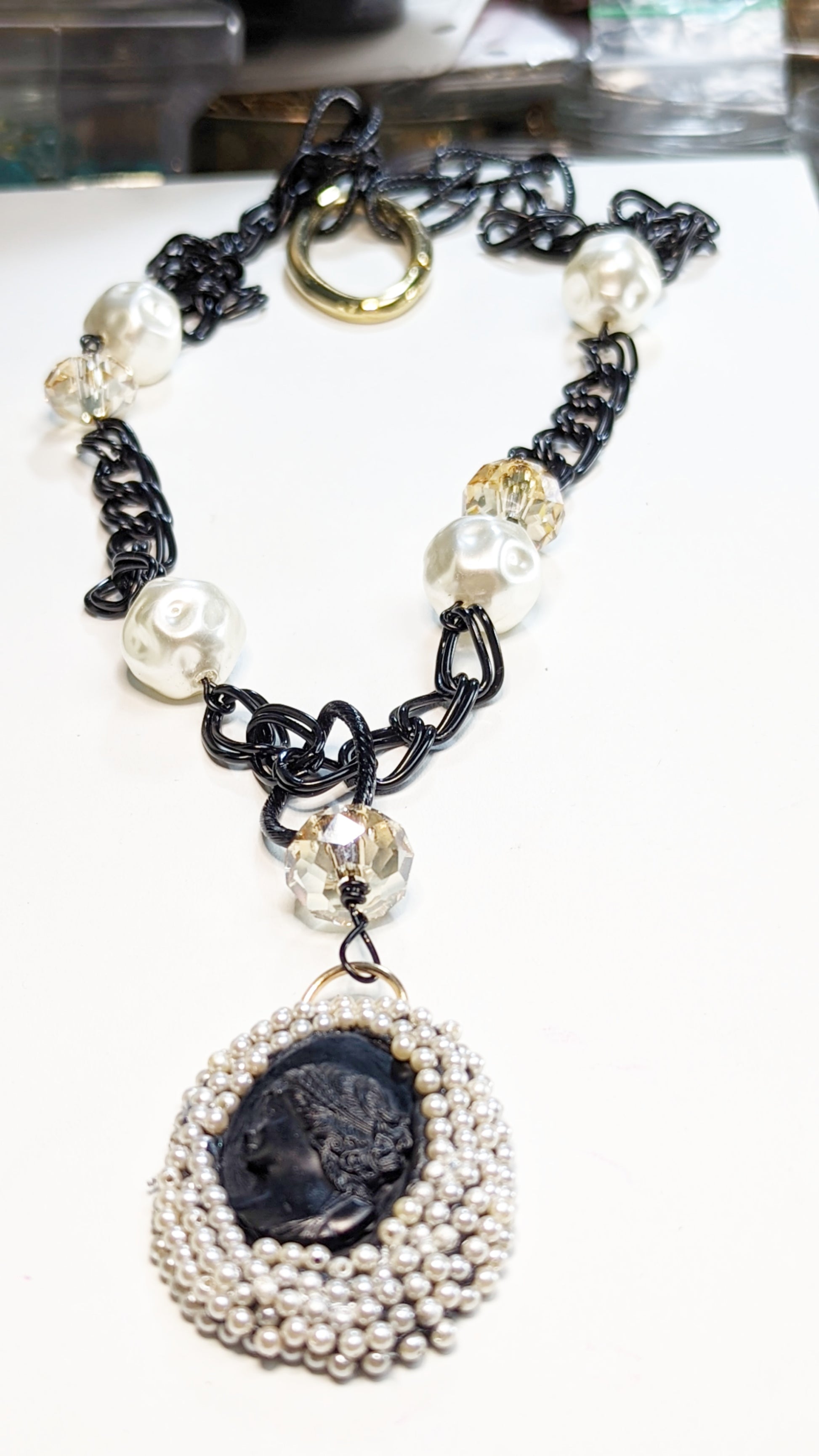 Black Gold Pearl Swarovski and Vintage Cameo Long Statement Necklace Gay Isber Sister Collection-Gay Isber Designs