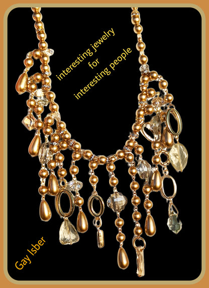 Vintage Gold Pearls + Swarovski Sparkle WOW Art Necklace Gay Isber USA 1 of 1-Gay Isber Designs