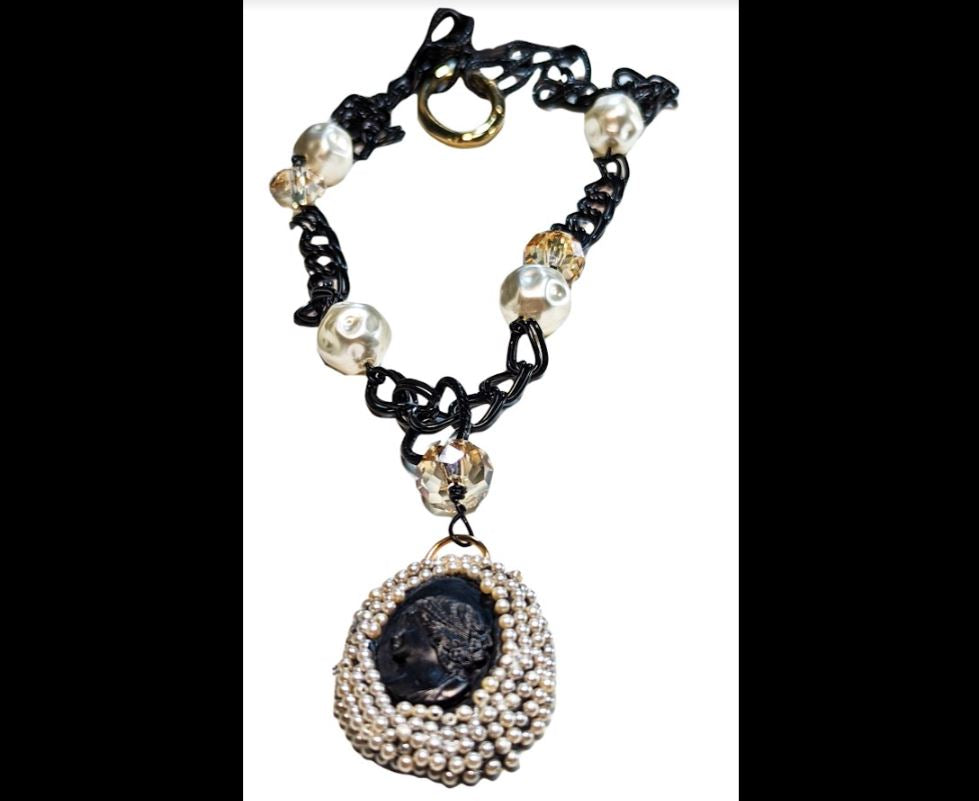 Black Gold Pearl Swarovski and Vintage Cameo Long Statement Necklace Gay Isber Sister Collection-Gay Isber Designs