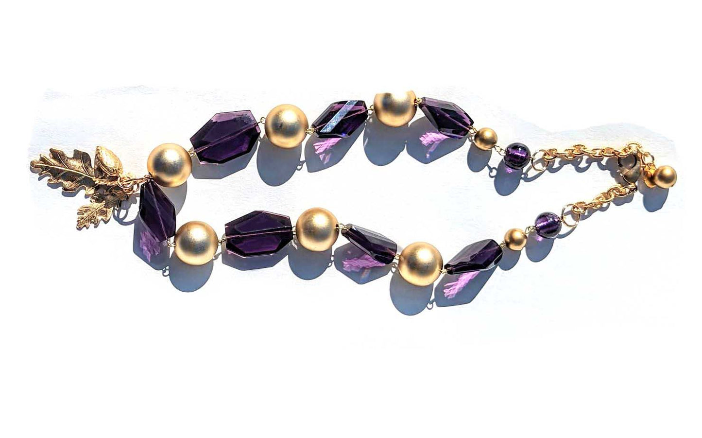 Beautiful Amethyst Purple + Gold Ball Necklace Brass Leaves Gay Isber one of a kind USA Made-Gay Isber Designs