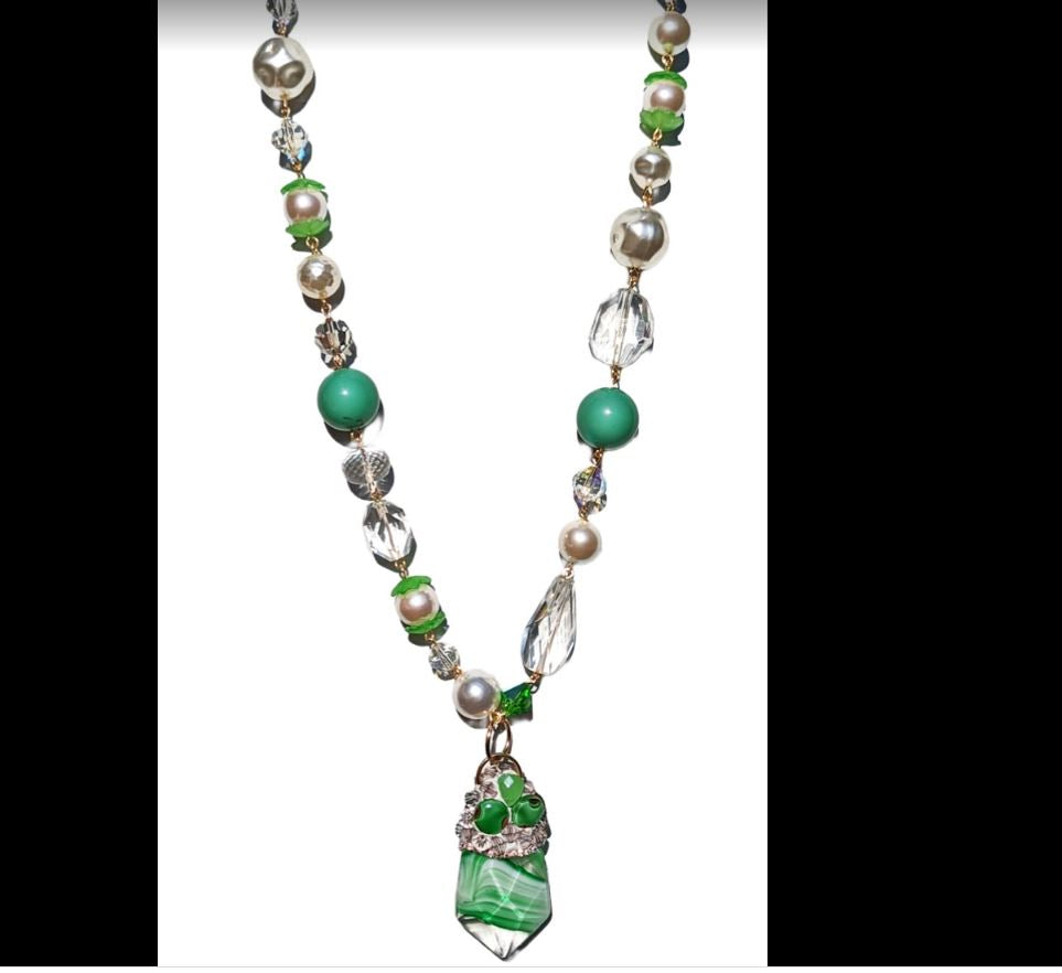 Unique Swarovskis Vintage Drop Green Cantaloupe Pearl Necklace Set Created by Gay Isber-Gay Isber Designs