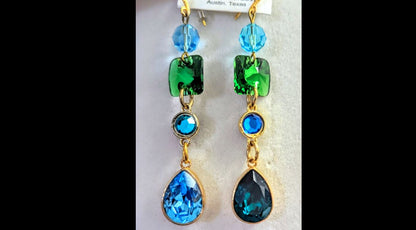 Swarovski Earrings Sparkle in multi colors Emerald, Light Turquoise, Fern Green, Capri Blue + Gold plated settings Gay Isber one of one-Gay Isber Designs