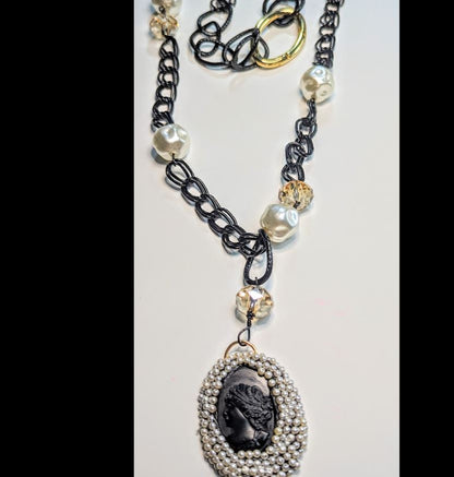 Black Gold Pearl Swarovski and Vintage Cameo Long Statement Necklace Gay Isber Sister Collection-Gay Isber Designs