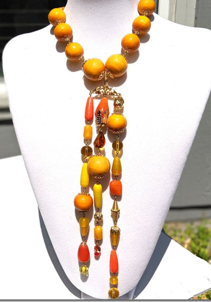 Mustard Cotton Pearls Long Tassle Necklace Gay Isber one of a kind USA-Gay Isber Designs