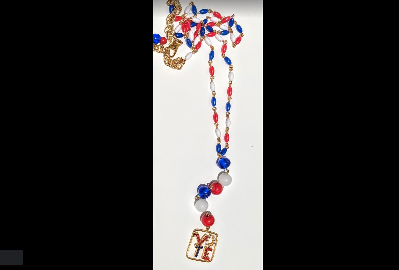 Election Collection Long T Necklace Swarovski VOTE Red White Blue Vintage Beads Handlinked 30 inch Necklace Gay Isber-Gay Isber Designs