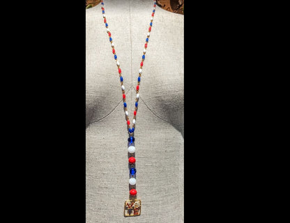 Election Collection Long T Necklace Swarovski VOTE Red White Blue Vintage Beads Handlinked 30 inch Necklace Gay Isber-Gay Isber Designs