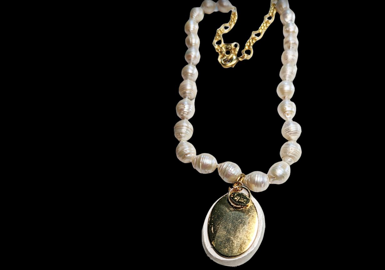 Removable Cameo Plaster Art Pendants + Hand Knotted Baroque Large Pearls Necklace Gay Isber Sister Collection-Gay Isber Designs