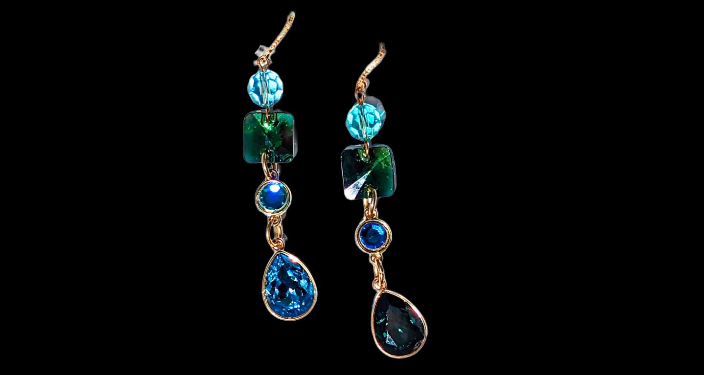 Swarovski Earrings Sparkle in multi colors Emerald, Light Turquoise, Fern Green, Capri Blue + Gold plated settings Gay Isber one of one-Gay Isber Designs