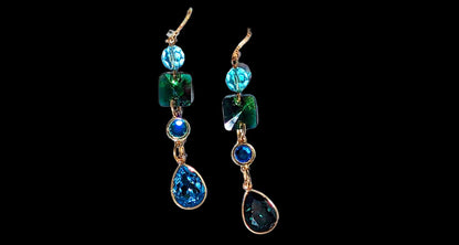 Swarovski Earrings Sparkle in multi colors Emerald, Light Turquoise, Fern Green, Capri Blue + Gold plated settings Gay Isber one of one-Gay Isber Designs