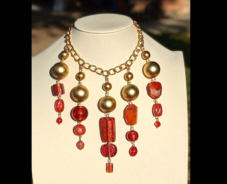 Beautiful Pinks Coral Orange + Gold beads Statement Art Necklace Gay Isber USA 1 of 1-Gay Isber Designs