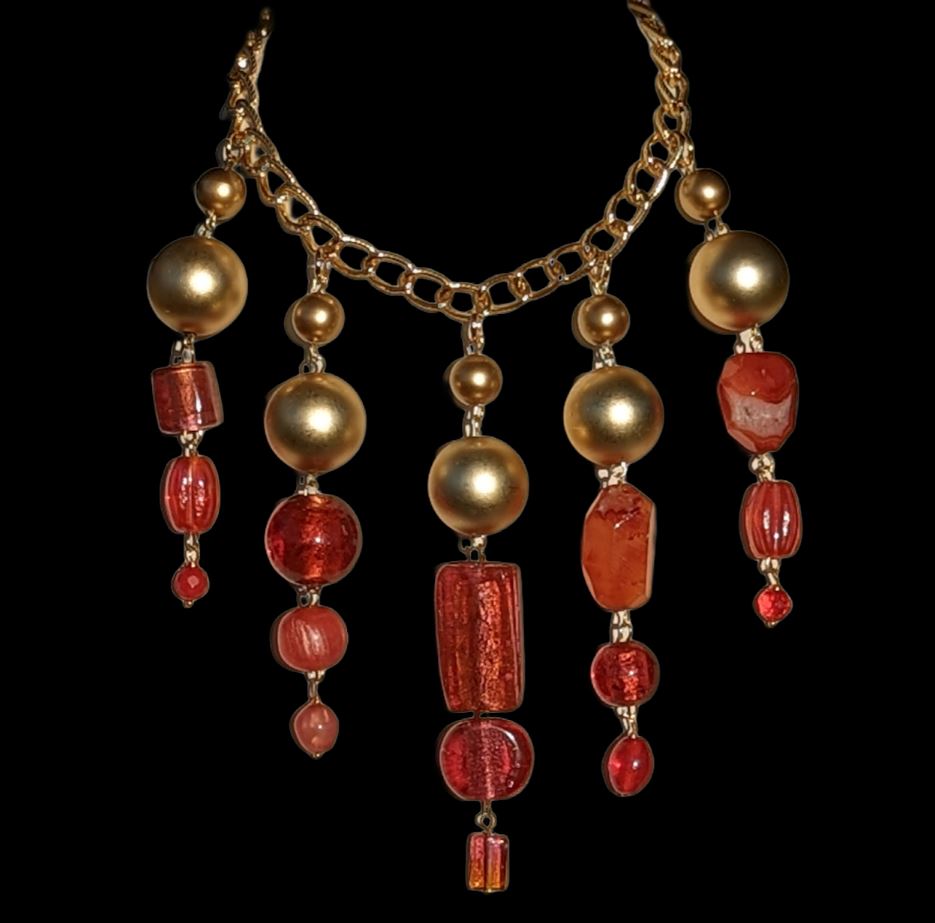 Beautiful Pinks Coral Orange + Gold beads Statement Art Necklace Gay Isber USA 1 of 1-Gay Isber Designs