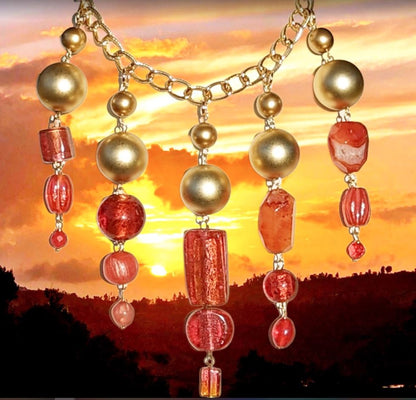 Beautiful Pinks Coral Orange + Gold beads Statement Art Necklace Gay Isber USA 1 of 1-Gay Isber Designs