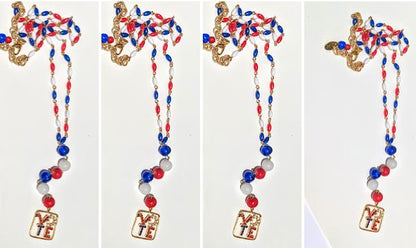 Election Collection Long T Necklace Swarovski VOTE Red White Blue Vintage Beads Handlinked 30 inch Necklace Gay Isber-Gay Isber Designs